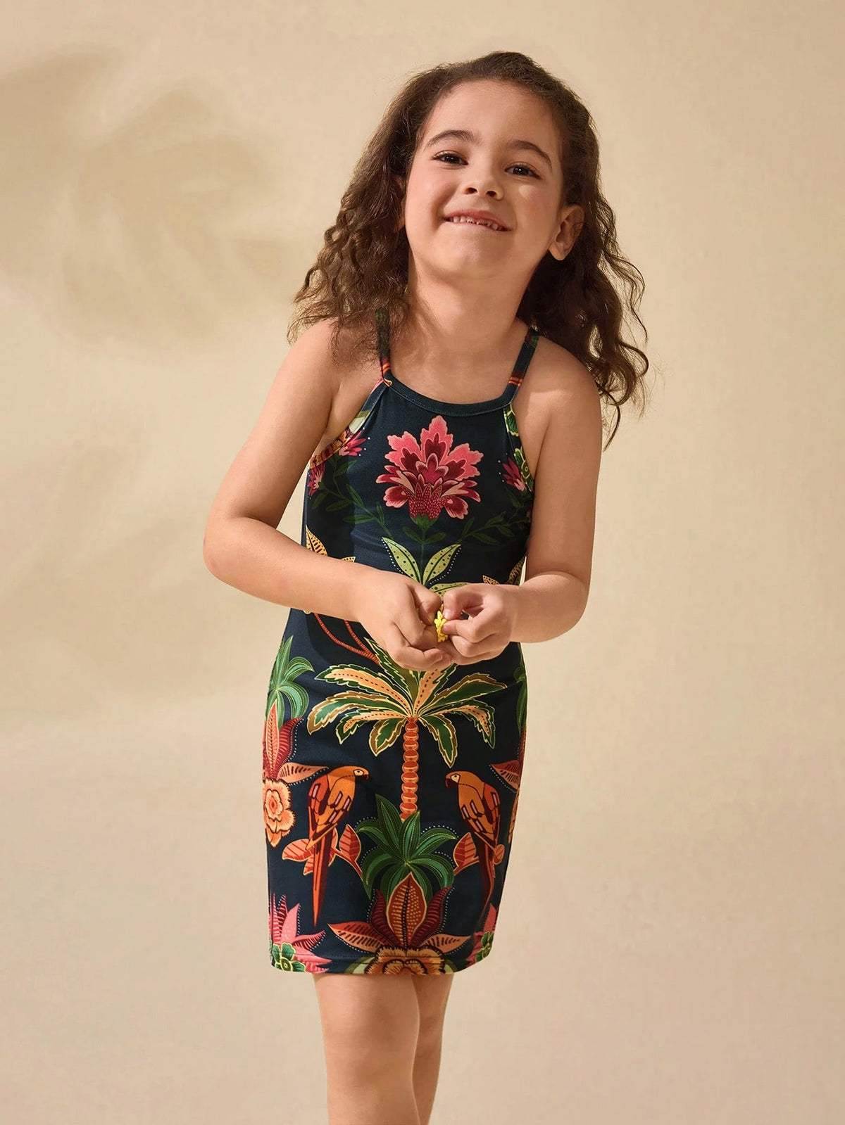 Young Girl Cute Floral Print Knit Strap Vacation Dress, Summer