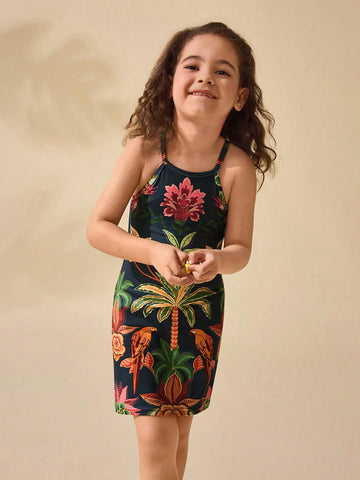 Young Girl Cute Floral Print Knit Strap Vacation Dress, Summer