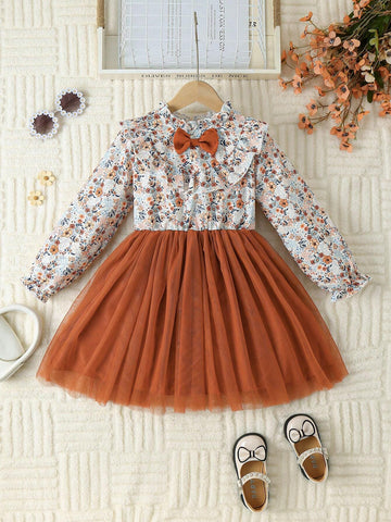 Young Girl' Cute Floral Print Patchwork Layered Ruffle Trim Open Back Dress With 3D Bow Decor