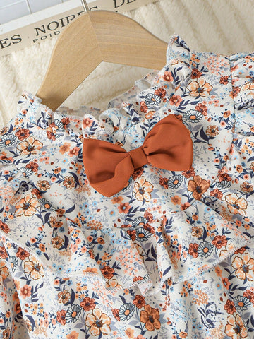 Young Girl' Cute Floral Print Patchwork Layered Ruffle Trim Open Back Dress With 3D Bow Decor