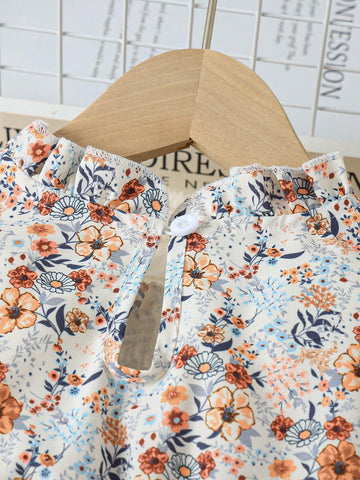 Young Girl' Cute Floral Print Patchwork Layered Ruffle Trim Open Back Dress With 3D Bow Decor