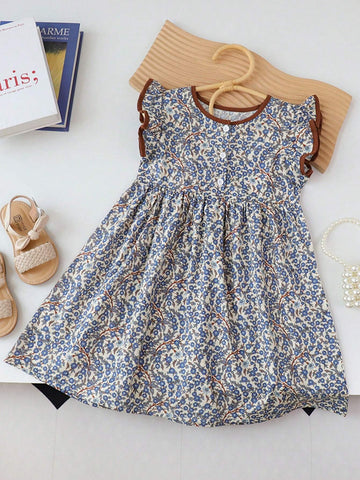 Young Girl Cute Floral Print Ruffle Cap Sleeve Forest Style Dress With Ruffle Hem, Summer