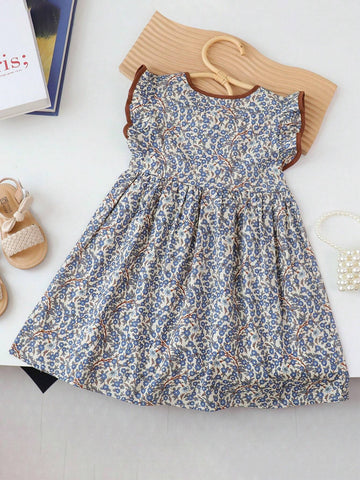 Young Girl Cute Floral Print Ruffle Cap Sleeve Forest Style Dress With Ruffle Hem, Summer