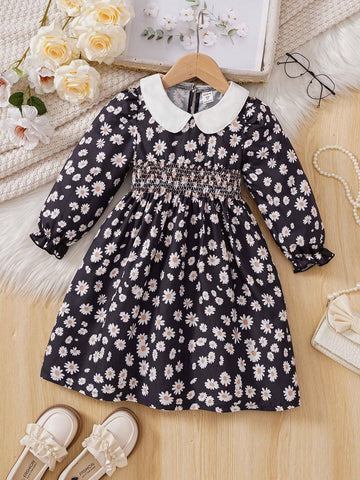 Young Girl' Cute Floral Print Ruffle Collar Lantern Sleeve Dress, Spring/Fall