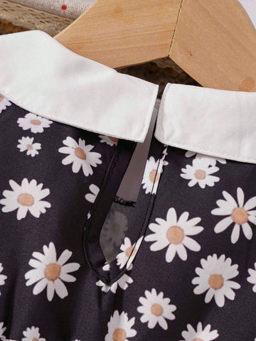 Young Girl' Cute Floral Print Ruffle Collar Lantern Sleeve Dress, Spring/Fall