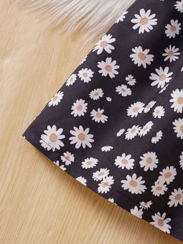 Young Girl' Cute Floral Print Ruffle Collar Lantern Sleeve Dress, Spring/Fall