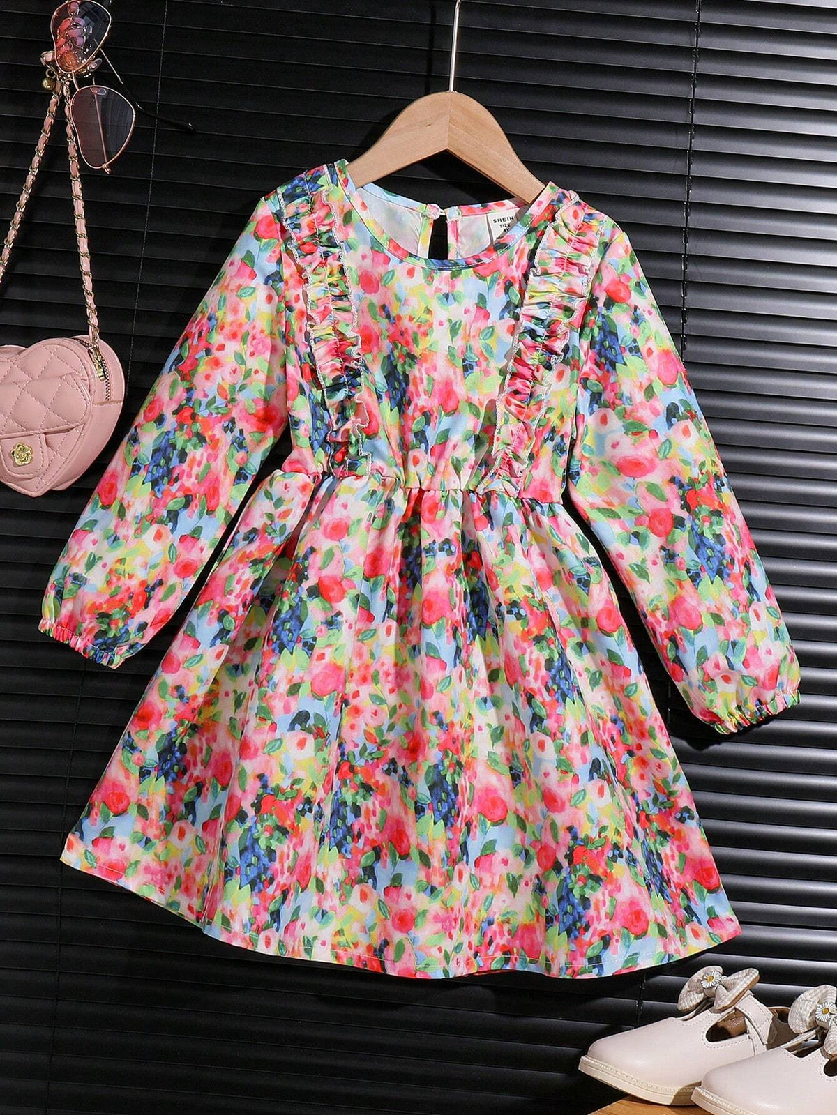 Young Girl' Cute Floral Print Ruffle Hem Long Sleeve Dress, Spring & Autumn