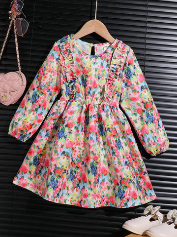 Young Girl' Cute Floral Print Ruffle Hem Long Sleeve Dress, Spring & Autumn