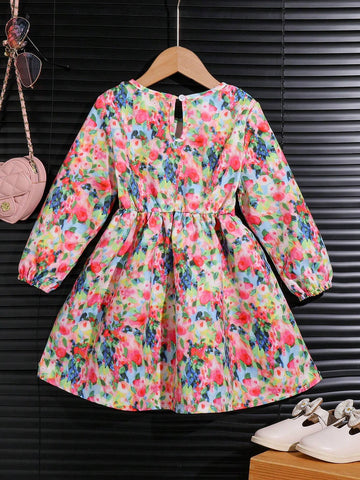 Young Girl' Cute Floral Print Ruffle Hem Long Sleeve Dress, Spring & Autumn