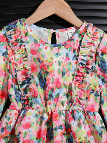 Young Girl' Cute Floral Print Ruffle Hem Long Sleeve Dress, Spring & Autumn