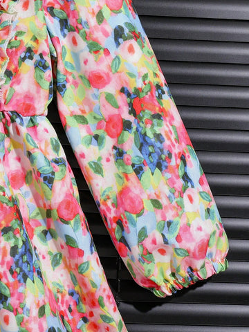 Young Girl' Cute Floral Print Ruffle Hem Long Sleeve Dress, Spring & Autumn