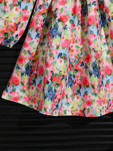 Young Girl' Cute Floral Print Ruffle Hem Long Sleeve Dress, Spring & Autumn