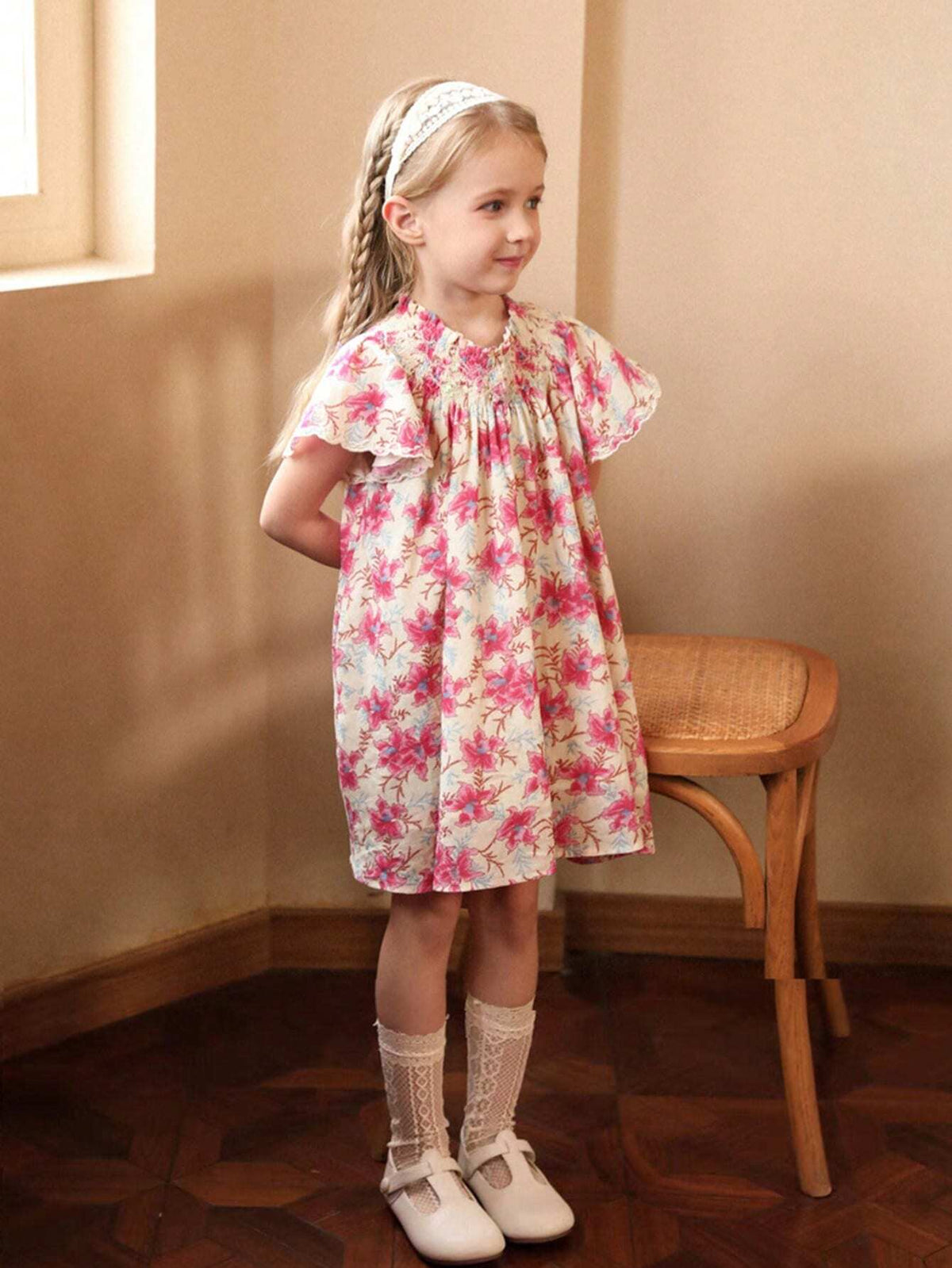 Young Girl Cute Floral Print Ruffled Flutter Sleeve Smocked Panel Dress For Summer