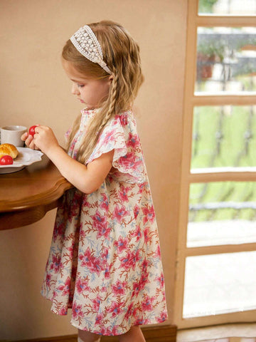 Young Girl Cute Floral Print Ruffled Flutter Sleeve Smocked Panel Dress For Summer