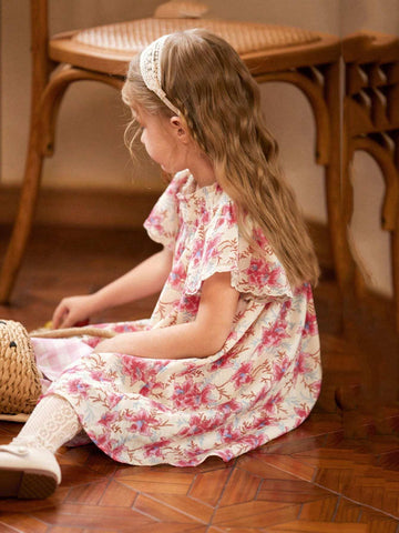 Young Girl Cute Floral Print Ruffled Flutter Sleeve Smocked Panel Dress For Summer