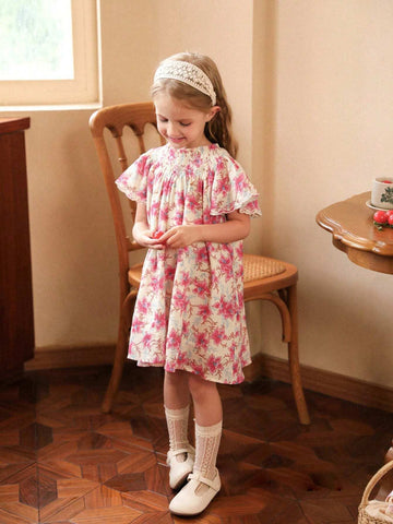 Young Girl Cute Floral Print Ruffled Flutter Sleeve Smocked Panel Dress For Summer