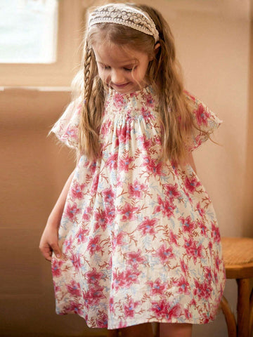 Young Girl Cute Floral Print Ruffled Flutter Sleeve Smocked Panel Dress For Summer