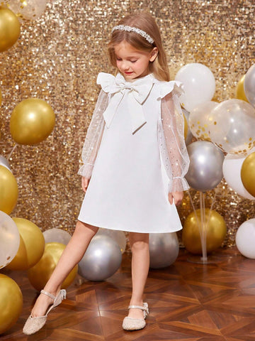 Young Girl Cute Fly Sleeve Blingbling Mesh Sleeve 3D Big Bowknot Decoration A-Line Dress,Suitable For Autumn And Winter