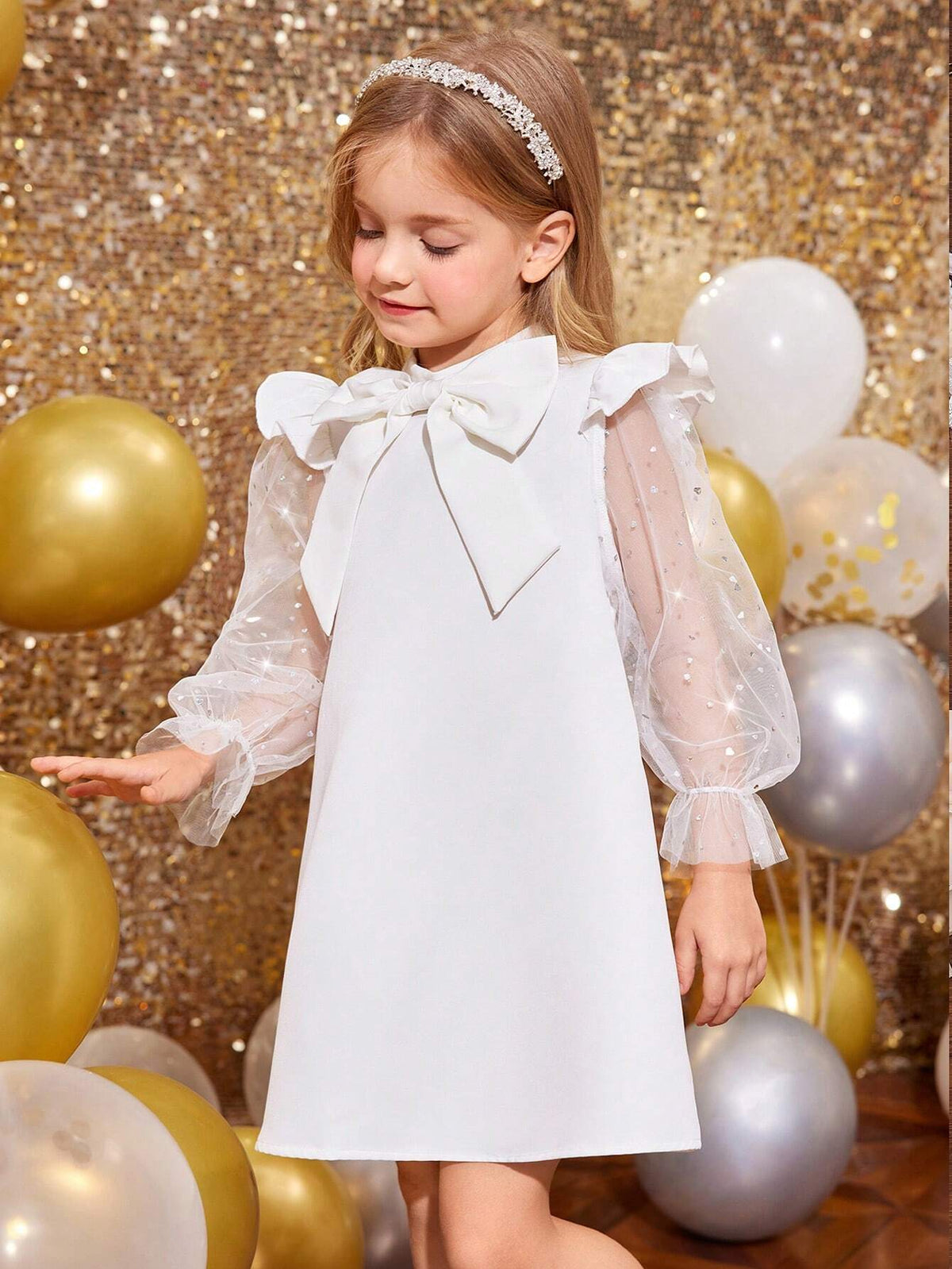 Young Girl Cute Fly Sleeve Blingbling Mesh Sleeve 3D Big Bowknot Decoration A-Line Dress,Suitable For Autumn And Winter