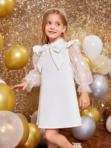 Young Girl Cute Fly Sleeve Blingbling Mesh Sleeve 3D Big Bowknot Decoration A-Line Dress,Suitable For Autumn And Winter