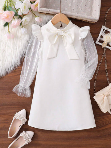 Young Girl Cute Fly Sleeve Blingbling Mesh Sleeve 3D Big Bowknot Decoration A-Line Dress,Suitable For Autumn And Winter