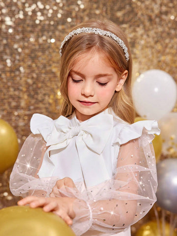 Young Girl Cute Fly Sleeve Blingbling Mesh Sleeve 3D Big Bowknot Decoration A-Line Dress,Suitable For Autumn And Winter