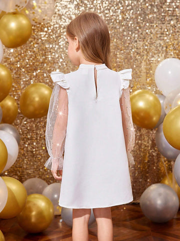 Young Girl Cute Fly Sleeve Blingbling Mesh Sleeve 3D Big Bowknot Decoration A-Line Dress,Suitable For Autumn And Winter