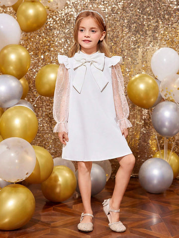 Young Girl Cute Fly Sleeve Blingbling Mesh Sleeve 3D Big Bowknot Decoration A-Line Dress,Suitable For Autumn And Winter