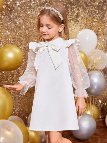 Young Girl Cute Fly Sleeve Blingbling Mesh Sleeve 3D Big Bowknot Decoration A-Line Dress,Suitable For Autumn And Winter