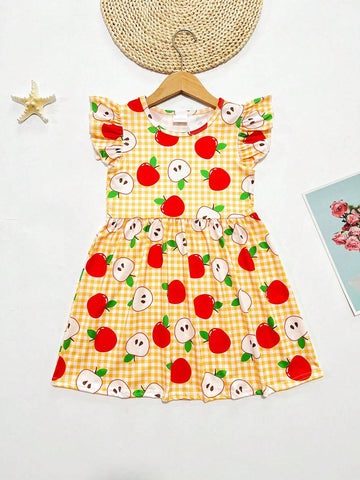 Young Girl Cute Gingham & Apple Print Ruffle Armhole Dress For Summer