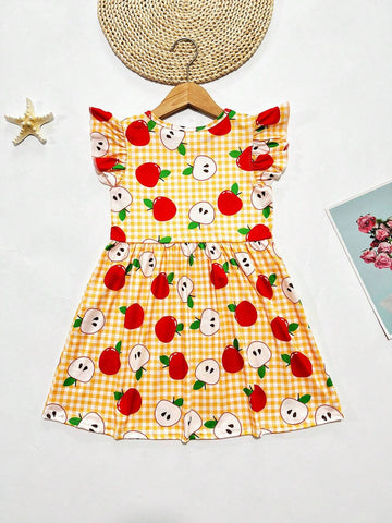 Young Girl Cute Gingham & Apple Print Ruffle Armhole Dress For Summer