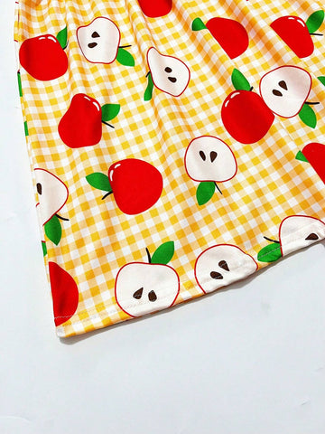 Young Girl Cute Gingham & Apple Print Ruffle Armhole Dress For Summer