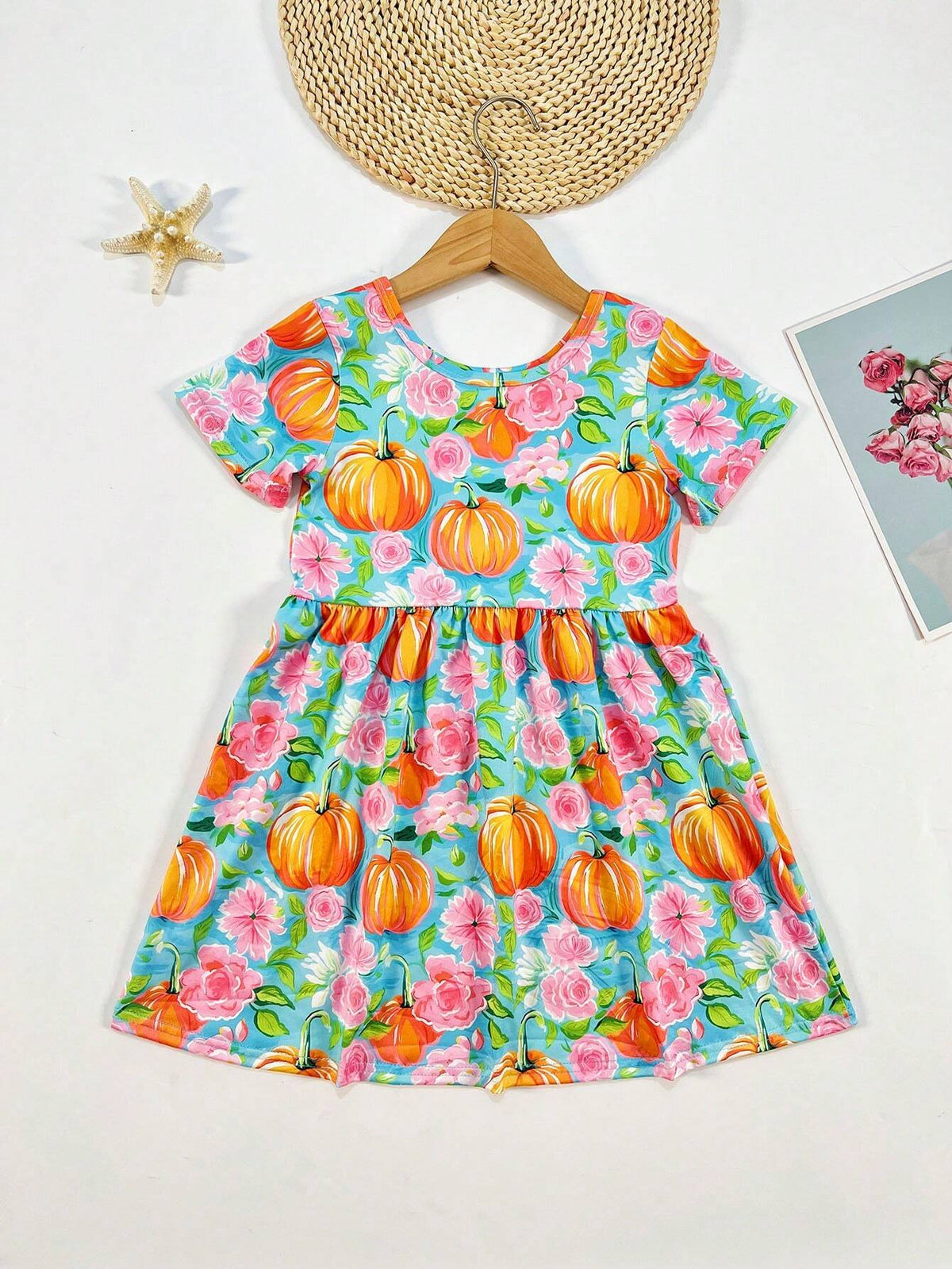 Young Girl Cute Halloween Pumpkin, Flower, Ghost Printed Short Sleeve Casual Dress, Fall/Winter