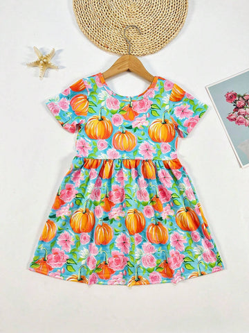Young Girl Cute Halloween Pumpkin, Flower, Ghost Printed Short Sleeve Casual Dress, Fall/Winter