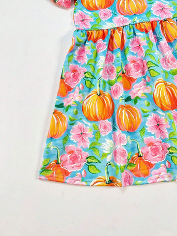 Young Girl Cute Halloween Pumpkin, Flower, Ghost Printed Short Sleeve Casual Dress, Fall/Winter