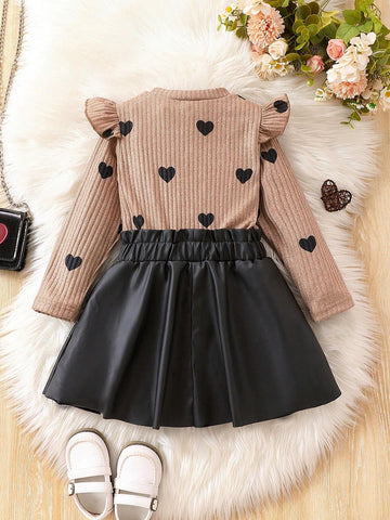 Young Girl Cute Heart Print Ruffle Hem Patchwork Long Sleeve Dress, Spring/Summer