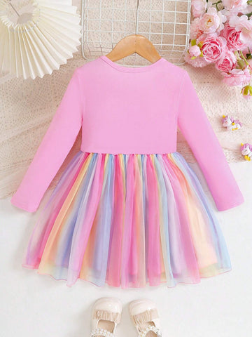 Young Girl Cute Horse Print Gradient Mesh Overlay Casual Dress
