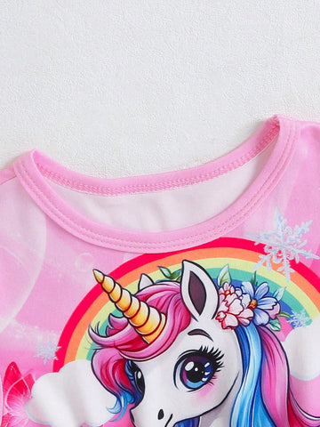 Young Girl Cute Horse Print Gradient Mesh Overlay Casual Dress