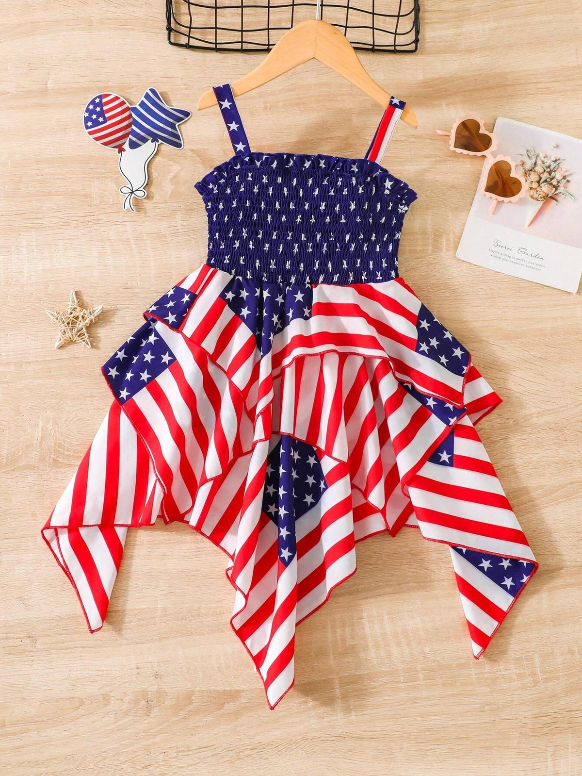 Young Girl Cute Independence Day Striped And Star Printed Sleeveless Dress, Summer