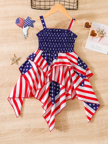 Young Girl Cute Independence Day Striped And Star Printed Sleeveless Dress, Summer