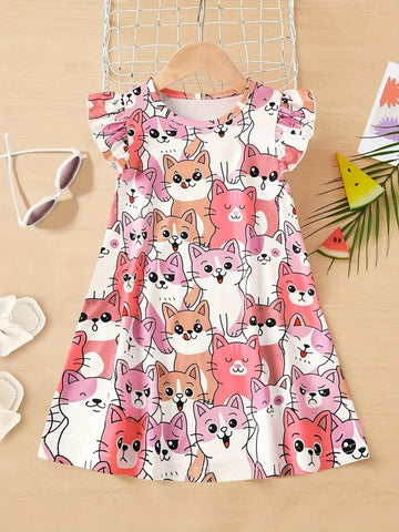 Young Girl Cute Kittens Print Casual Dress With Ruffled Sleeve, A-Line Swing Dress, Kids Sundress For Holiday Vacation Daily Summer