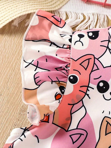 Young Girl Cute Kittens Print Casual Dress With Ruffled Sleeve, A-Line Swing Dress, Kids Sundress For Holiday Vacation Daily Summer