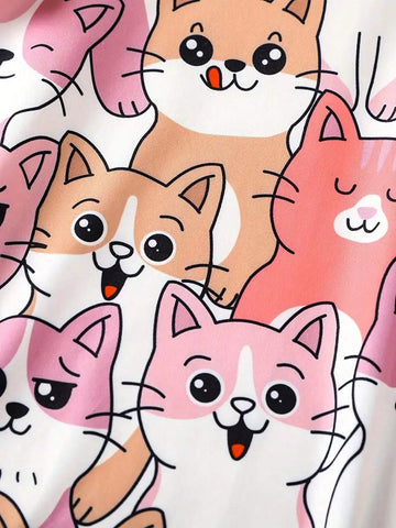 Young Girl Cute Kittens Print Casual Dress With Ruffled Sleeve, A-Line Swing Dress, Kids Sundress For Holiday Vacation Daily Summer