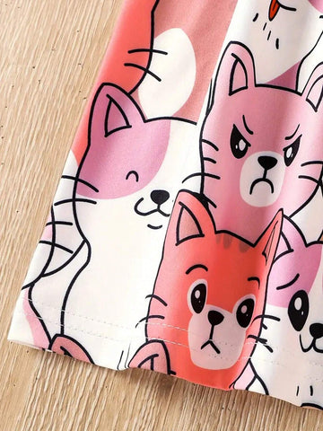 Young Girl Cute Kittens Print Casual Dress With Ruffled Sleeve, A-Line Swing Dress, Kids Sundress For Holiday Vacation Daily Summer
