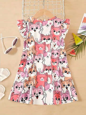 Young Girl Cute Kittens Print Casual Dress With Ruffled Sleeve, A-Line Swing Dress, Kids Sundress For Holiday Vacation Daily Summer