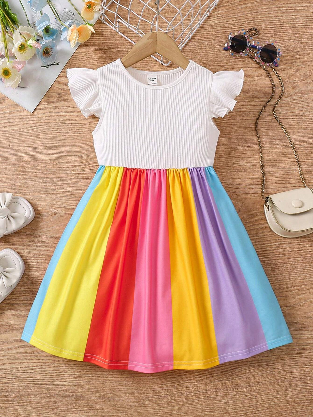 Young Girl Cute Knit Spliced With Colorful Striped Ruffle Trim Dress