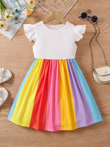 Young Girl Cute Knit Spliced With Colorful Striped Ruffle Trim Dress