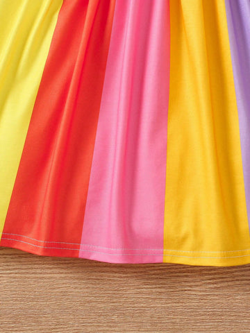 Young Girl Cute Knit Spliced With Colorful Striped Ruffle Trim Dress