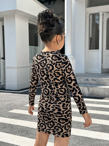 Young Girl Cute Knitted Elastic Leopard Print bodycon Dress