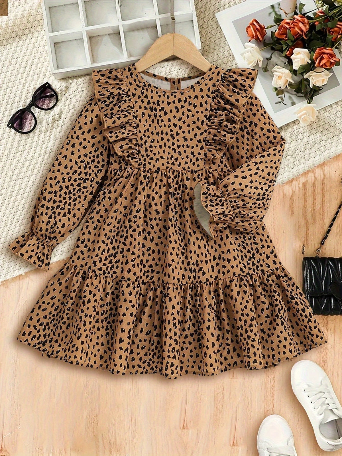 Young Girl Cute Leopard & Lotus Leaf Trim Long Sleeve Dress